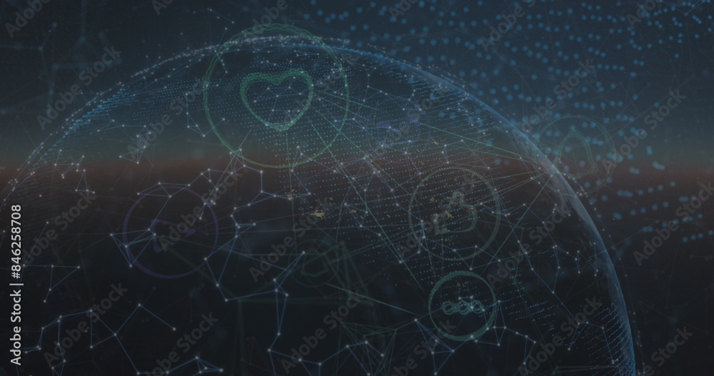 A digital globe with various icons illuminated against a dark background A digital globe with various icons illuminated against a dark background