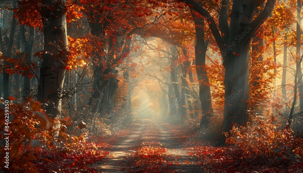 Fototapeta premium Photograph a forest pathway in autumn, with trees in vibrant shades of red, orange, and yellow. The path should be covered with fallen leaves, leading the view eye into the depth of the forest
