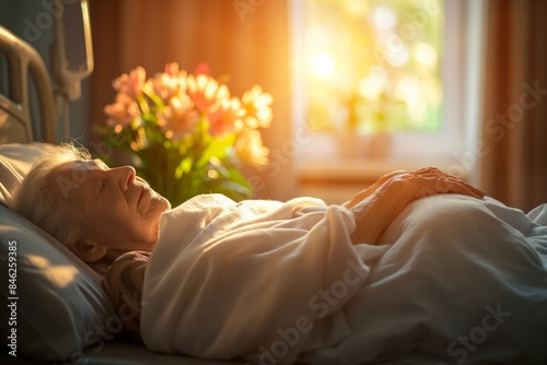 Old woman patient lies in bed in hospice or hospital. Cozy hospital room with sunlight. Concept: calmness, hospital room, attentiveness, support, palliative care, hospice. photo
