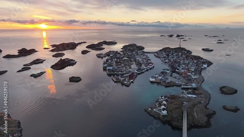 Aerial view of Lofoten Islands beautiful landscape during winter