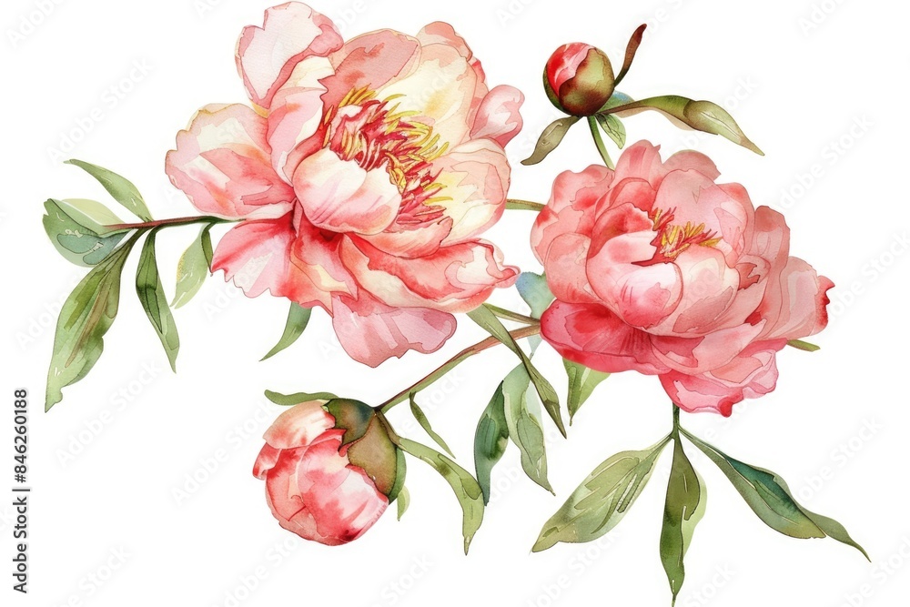 Watercolor painting of pink peony flowers against a white backdrop