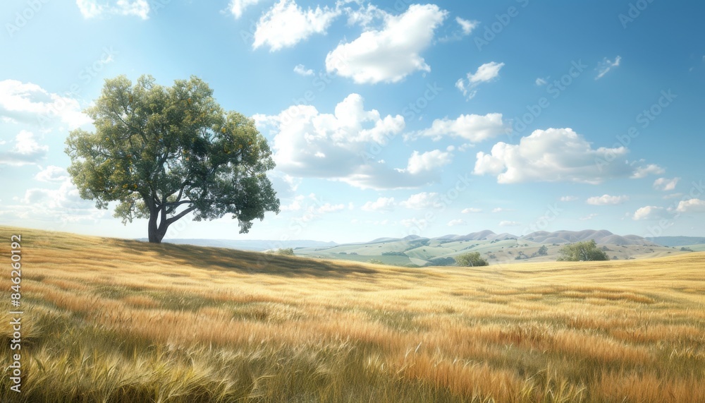 landscape of rolling hills covered in golden fields of wheat or grass swaying gently in the breeze under a clear blue sky with scattered fluffy clouds landscape of rolling hills covered in golden fields of wheat or grass swaying gently in the breeze under a clear blue sky with scattered fluffy clouds