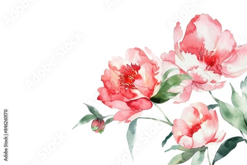 Watercolor painting of pink peonies displayed against a clean white backdrop
