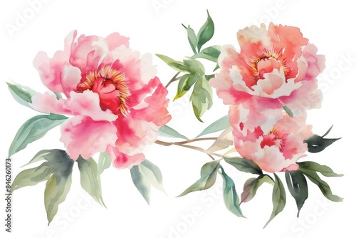 Two vibrant pink peonies with green leaves stand out against a clean white background