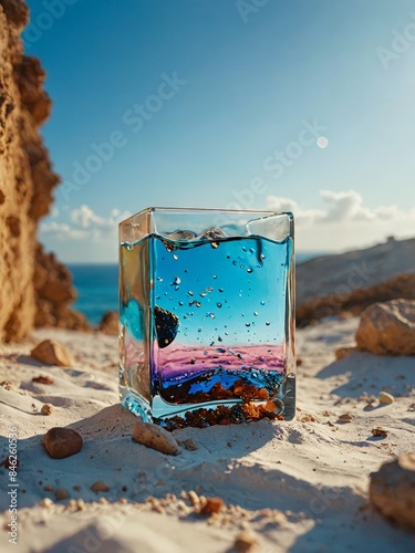 Glass of water on the beach.
