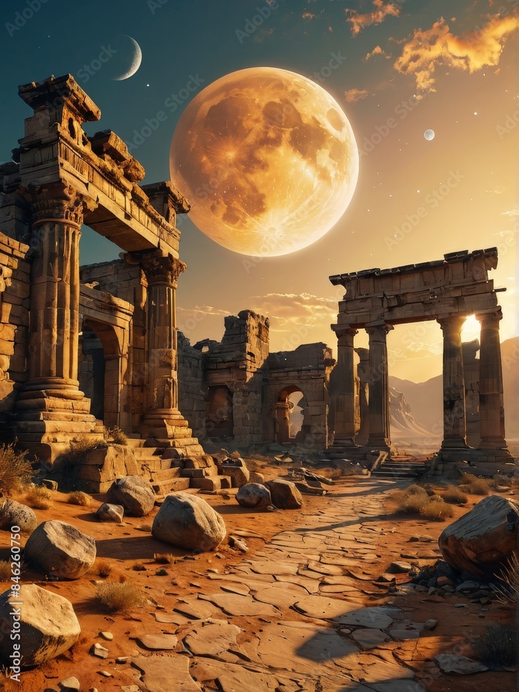 Fototapeta premium Ancient Ruins Under a Giant Moon.
