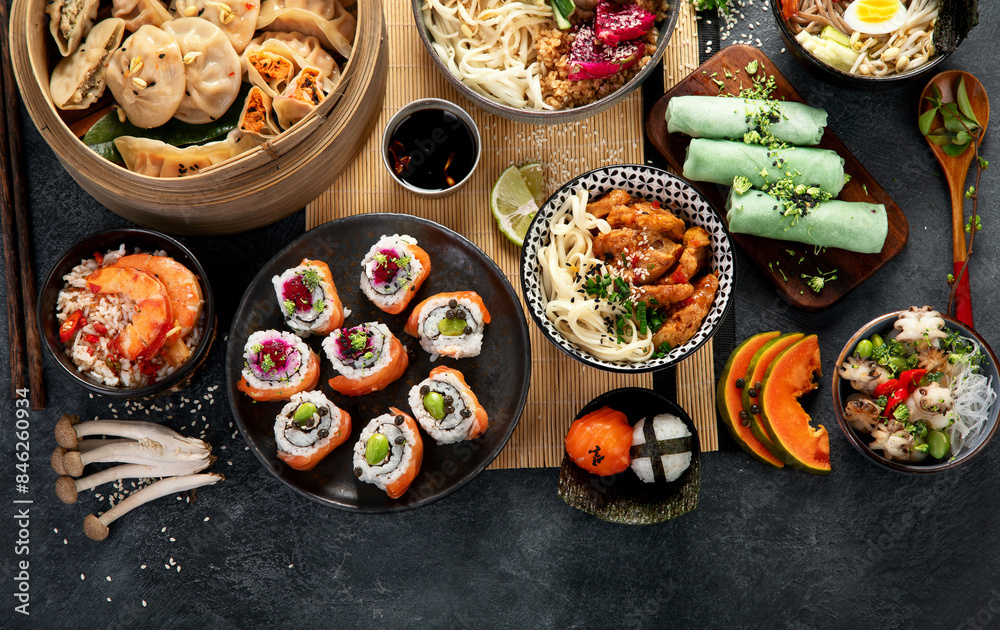 Chinese cuisine dishes on table. Asian food concept. Chinese cuisine dishes on table. Asian food concept.
