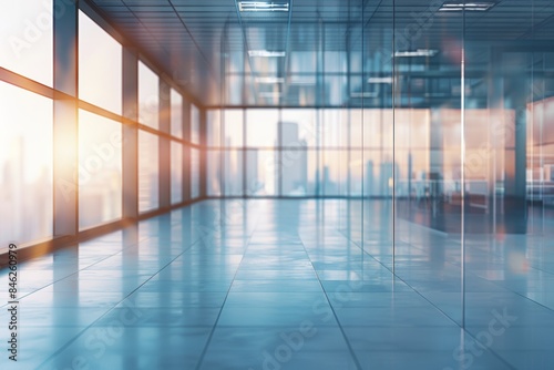 Blurred modern office interior with glass walls and panoramic windows, creating an open space concept background. Blurry business room for presentation or meeting in a corporate 
