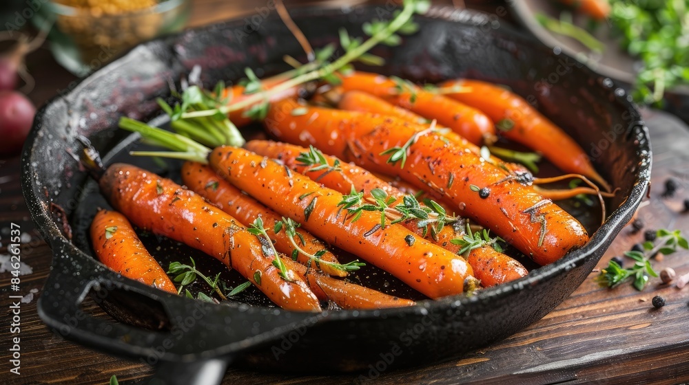 Baby carrots roasted with thyme in a cast iron pan Baby carrots roasted with thyme in a cast iron pan