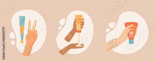 Cartoon hands hold sun protection container set, vector character with sunscreen lotion pack, flat woman hand shows 2 finger rule spf cream tube at abstract organic background spot.