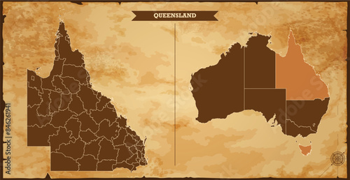 Queensland state map, Australia map with federal states in A vintage map based background, Political Australia Map