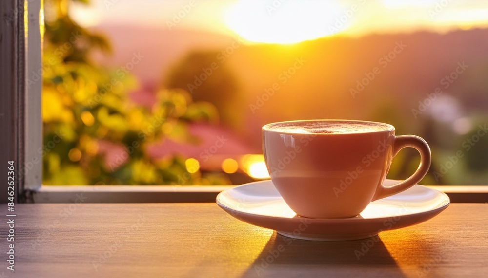 At sunset, a cup of coffee on the table by the window. At sunset, a cup of coffee on the table by the window.