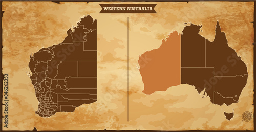 Western Australia state map, Australia map with federal states in A vintage map based background, Political Australia Map