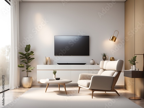 Mockup of a TV wall mounted with an armchair in the living room with a white wall design.