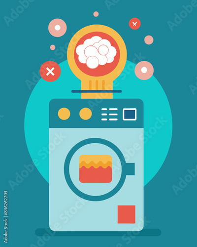 The insidious manipulation of thoughts and beliefs represented through a washing machine with a calculating mind.. Vector illustration