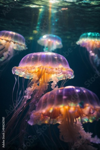 Medusa jellyfish glowing underwater in an aquarium