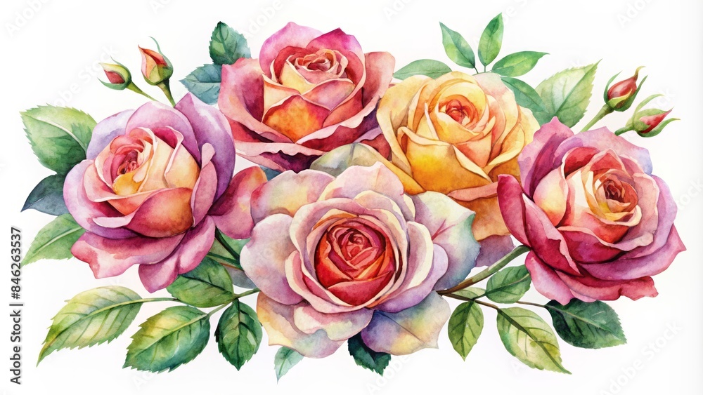 Delicate Watercolor Roses Bloom Against A Pristine White Backdrop, Their Petals Unfurling In A Symphony Of Vibrant Hues.