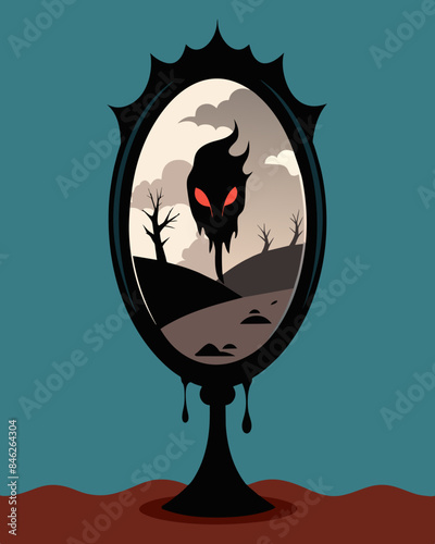 The reflection in the mirror is distorted and frightening twisted by the toxic thoughts and emotions eating away at me.. Vector illustration