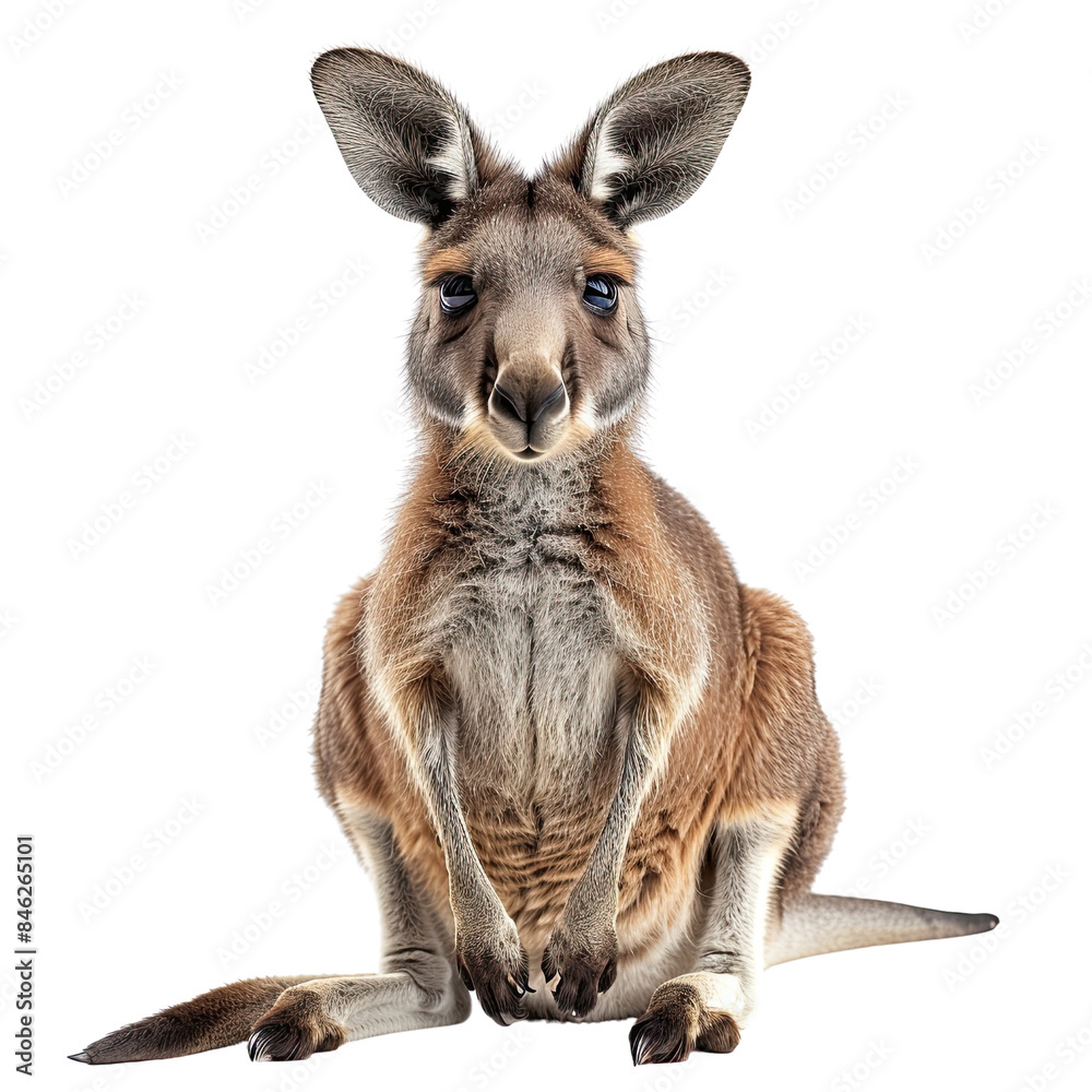 Close-up of a kangaroo sitting upright against a white background showcasing its natural beauty and distinct features in high resolution. Close-up of a kangaroo sitting upright against a white background showcasing its natural beauty and distinct features in high resolution.