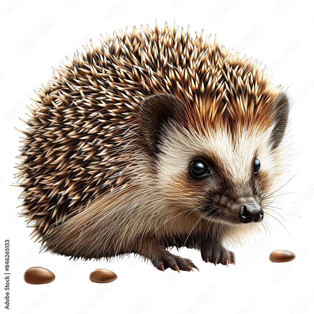 Obraz premium Cute hedgehog with spiky fur and brown eyes, posing isolated on white background. 