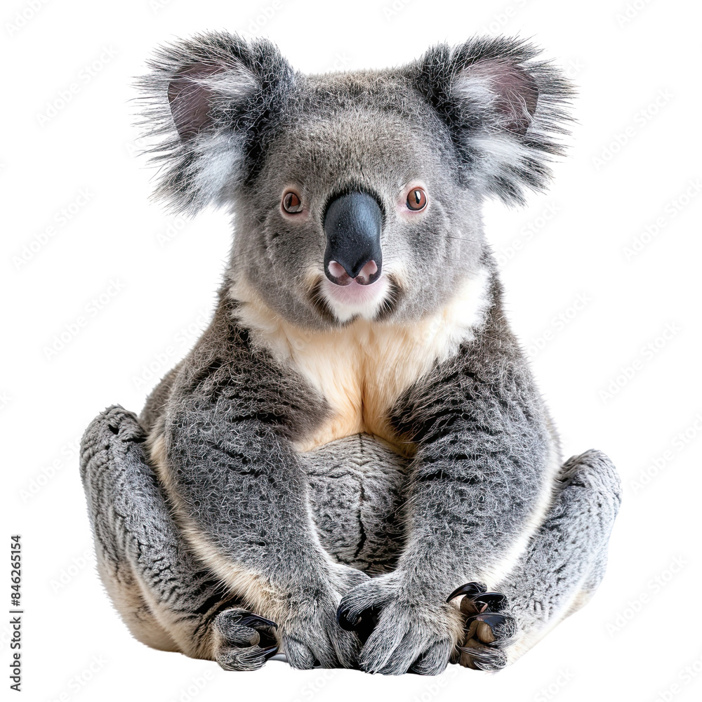 Naklejka premium Cute koala sitting and staring forward with its fluffy ears and grey fur, isolated on a white background.