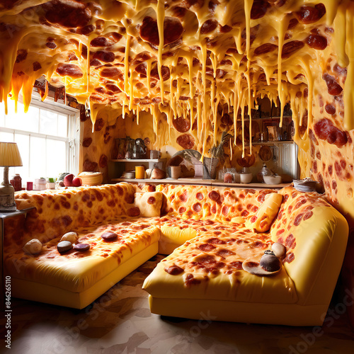 A guest room with sofas made of pizza ingredients loaded cheese and vegetables ai photo