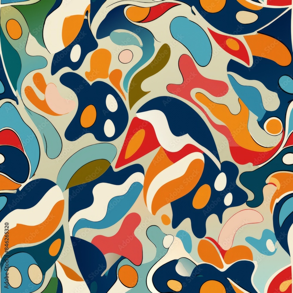 Seamless pattern of abstract forms and materials arranged in an organic, flowing layout, Generative AI