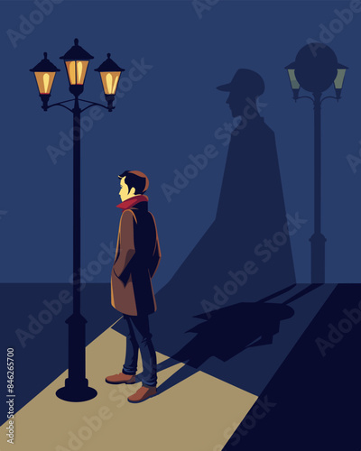 The flickering streetlights cast the persons shadow on the wall but what appeared was a grotesque twisted version of themselves a dual personality that only appeared in the. Vector illustration