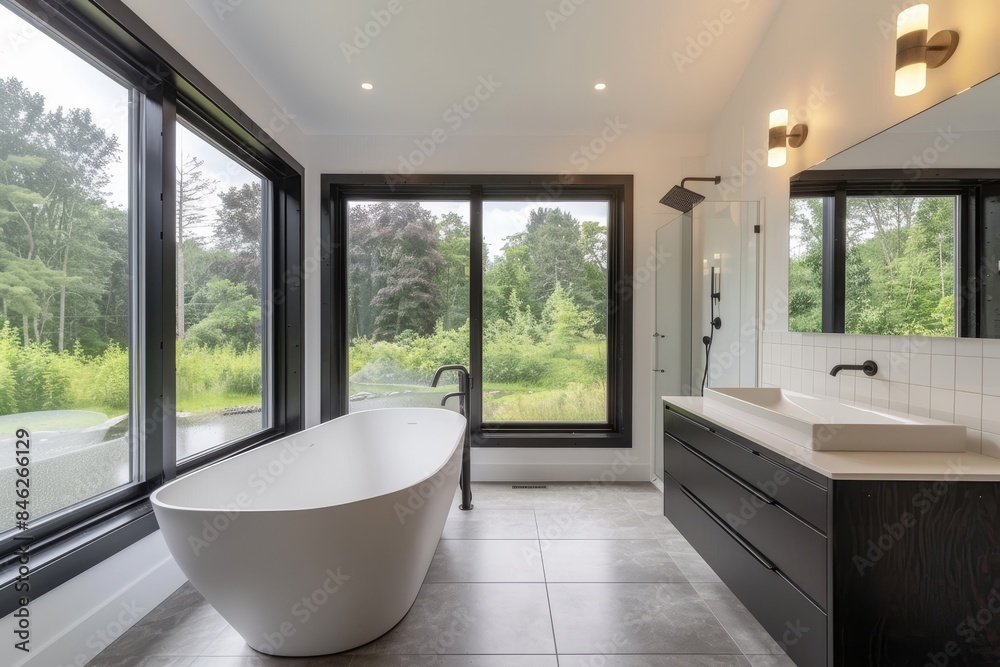 modern bathroom with black and white color scheme, large window on the left side of room with view to nature, freestanding bathtub in front of windows, modern sink cabinet near tub, wall sconces, glas modern bathroom with black and white color scheme, large window on the left side of room with view to nature, freestanding bathtub in front of windows, modern sink cabinet near tub, wall sconces, glas