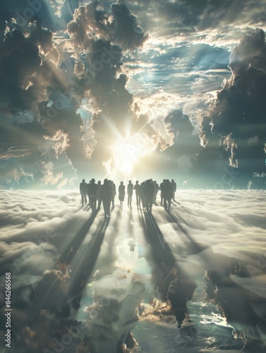 A group of people are standing in the clouds, with the sun shining down on them