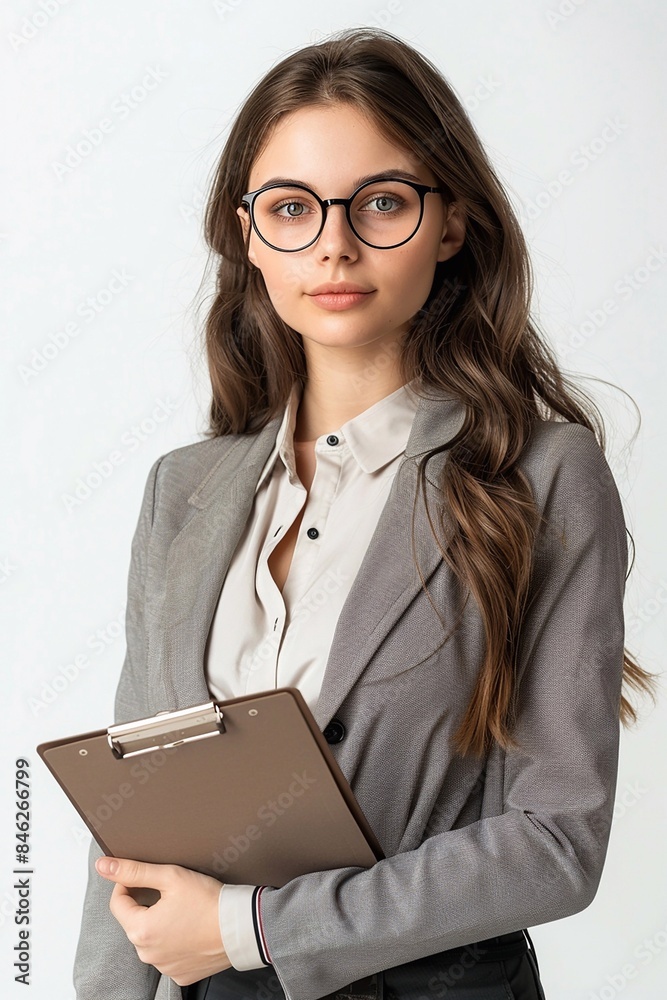 Professional young woman manager in glasses, clutching a clipboard, posing in front of a plain white background Professional young woman manager in glasses, clutching a clipboard, posing in front of a plain white background