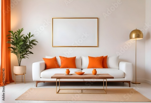 Interior living room with sofa and photo frame. 3D rendering