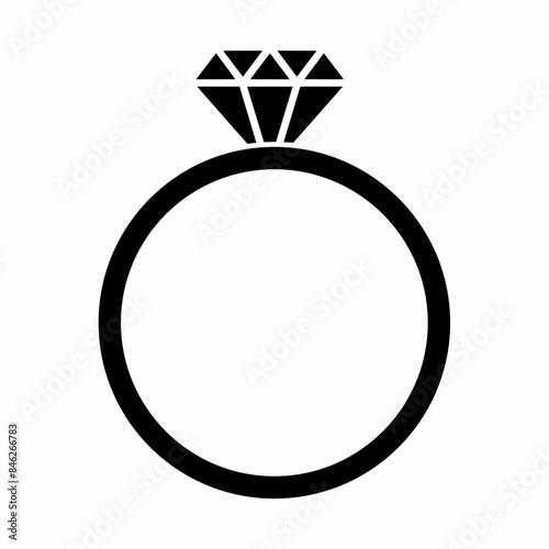 Icon of one ring with diamond or other gem. Engagement or marriage ring, jewelry. Isolated object. Vector black symbol, sign.