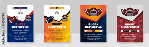 rugby championship cup flyer template, American football game, and camp posters