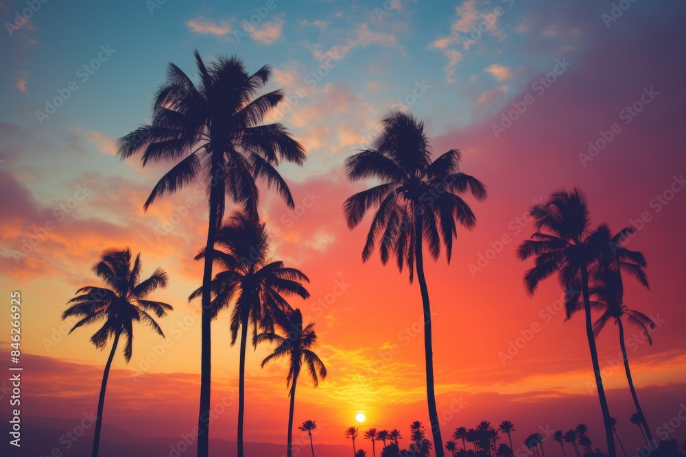 Neon 80s retro sunset with palm trees in vibrant orange, yellow, purple, and blue