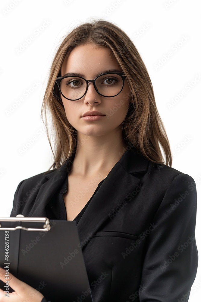 Business-focused young woman manager with glasses and clipboard, standing confidently against a white background Business-focused young woman manager with glasses and clipboard, standing confidently against a white background