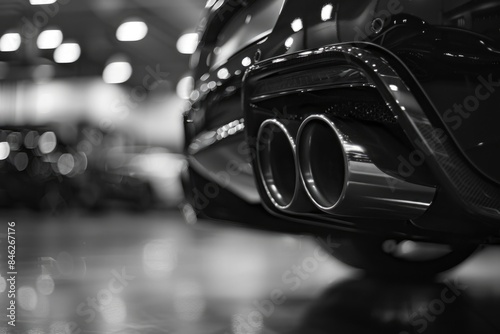A black car with a shiny exhaust pipe