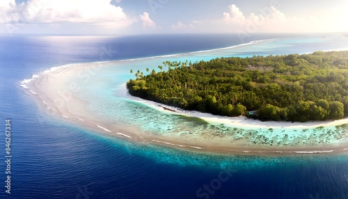 Aerial shot of a tropical island surrounded by clear, blue waters, coral reefs visible beneath the surface. 5