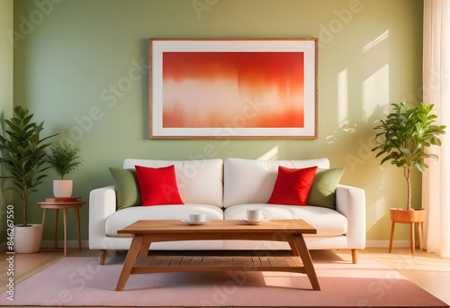 Interior living room with sofa and photo frame. 3D rendering