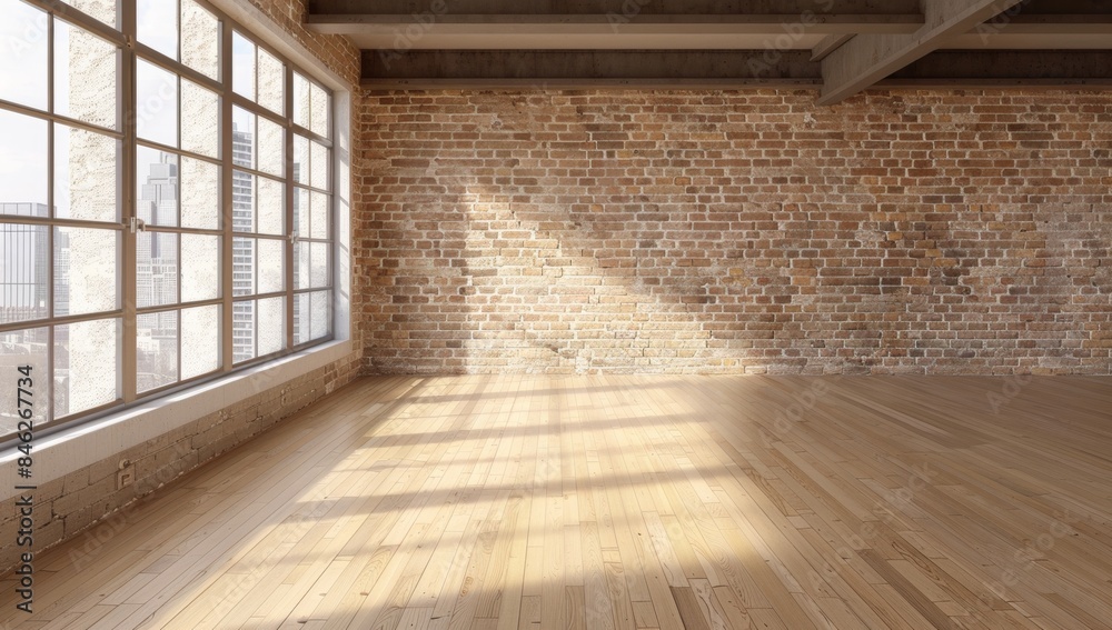 An empty room with a white brick wall, large windows on the left side and a wood floor, An empty room with a white brick wall, large windows on the left side and a wood floor,