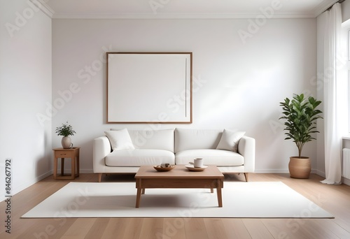 Interior living room with sofa and photo frame. 3D rendering