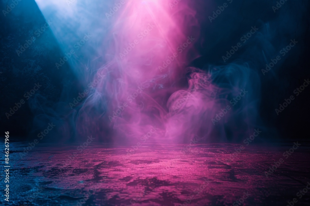 Dark empty scene with neon light and smoke, spotlight on the floor. Background for product presentation in dark room. Dark background. Dark empty scene with neon light and smoke, spotlight on the floor. Background for product presentation in dark room. Dark background.