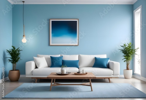 Interior living room with sofa and photo frame. 3D rendering