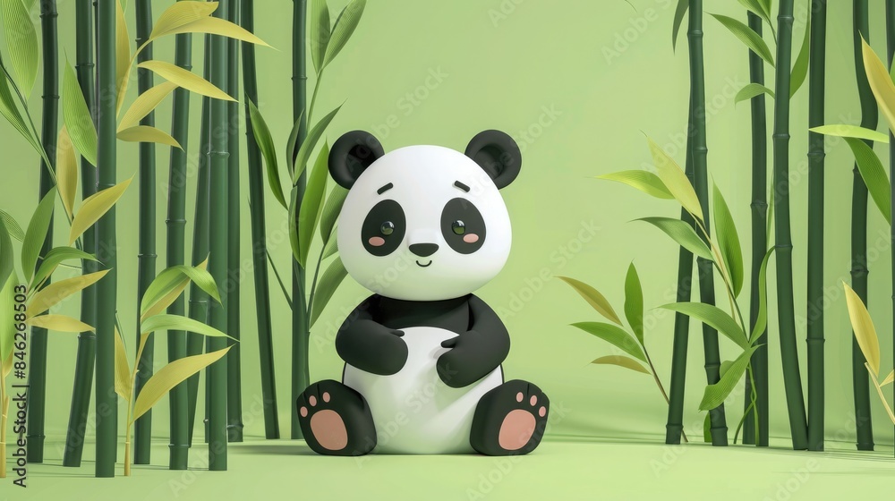 Naklejka premium Bamboo and Panda: Playful Scene with Vibrant Colors in Flat Design: