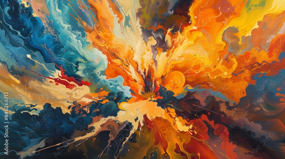 A breathtaking oil painting featuring a riot of energetic shapes and colors exploding across the canvas. A breathtaking oil painting featuring a riot of energetic shapes and colors exploding across the canvas.