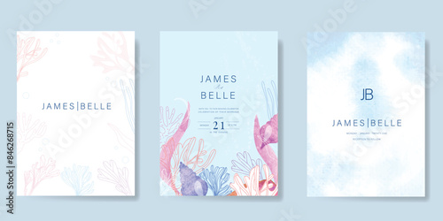 light blue Luxury Wedding Invitation, start invite thank you, rsvp modern card Design in sea coral and seaweed decorative Vector elegant rustic template