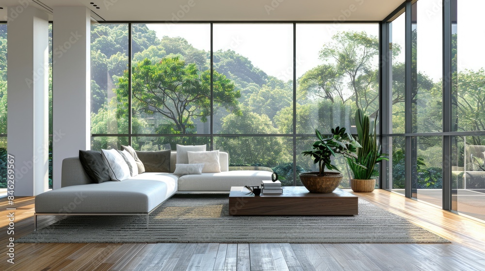 A large living room with a white couch and a coffee table A large living room with a white couch and a coffee table