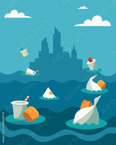 Plastic bags and other debris littering the surface of a body of water evidence of careless disposal by factories.. Vector illustration