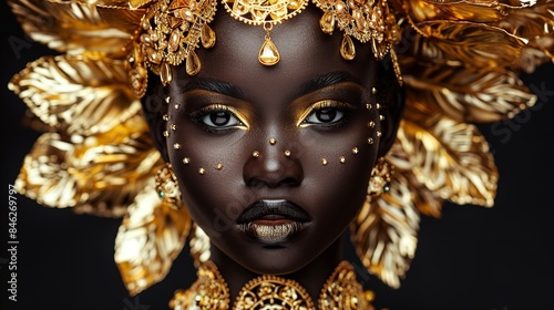 Stunning black woman wearing gold plated crown, and jewelry exudes magnificence and beauty. Royal and captivating, a true vision of elegance.

 photo