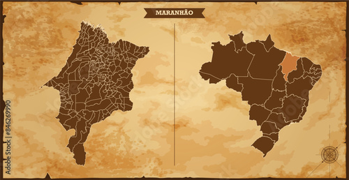 Maranhão state map, Brazil map with federal states in A vintage map based background, Political Brazil Map
